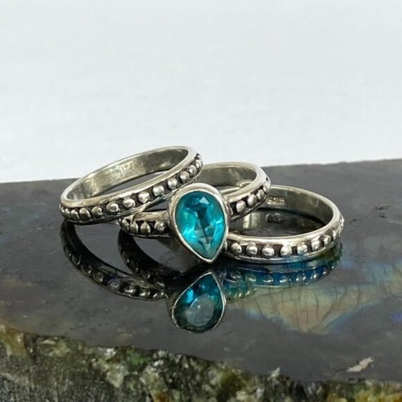 Sterling Silver 925 Teardrop Faceted Blue Glass Triple Band Ring Bali Size 6.5 - Picture 3 of 16